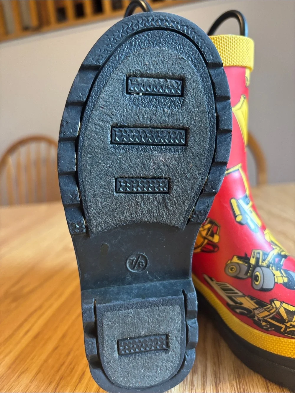 Kids Waterproof Red Construction-Print Rain Boots with Yellow Accents